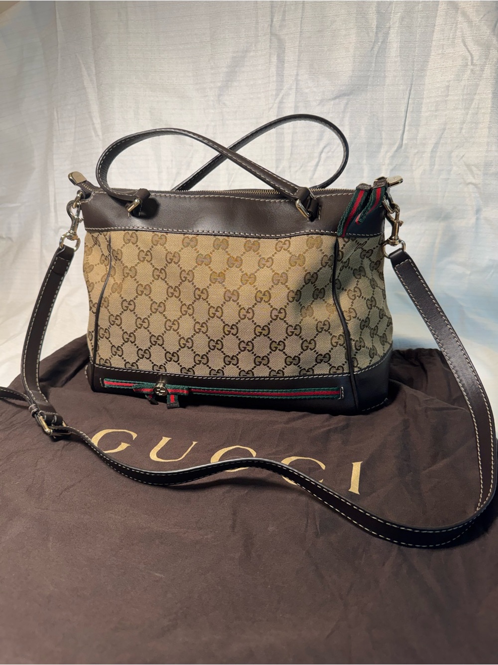 Gucci GG Canvas Mayfair 2-Way Satchel Bag Web Bow Excellent w/ Strap Dustbag